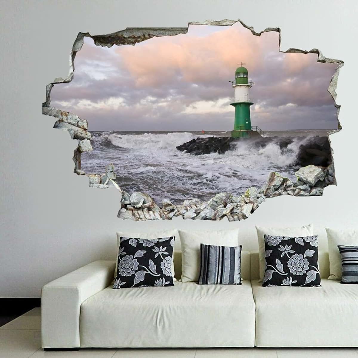 Sea Waves Lighthouse Stone Cloud 3D Wall Decal Art Sticker