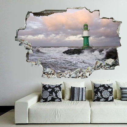 Sea Waves Lighthouse Stone Cloud 3D Wall Decal Art Sticker