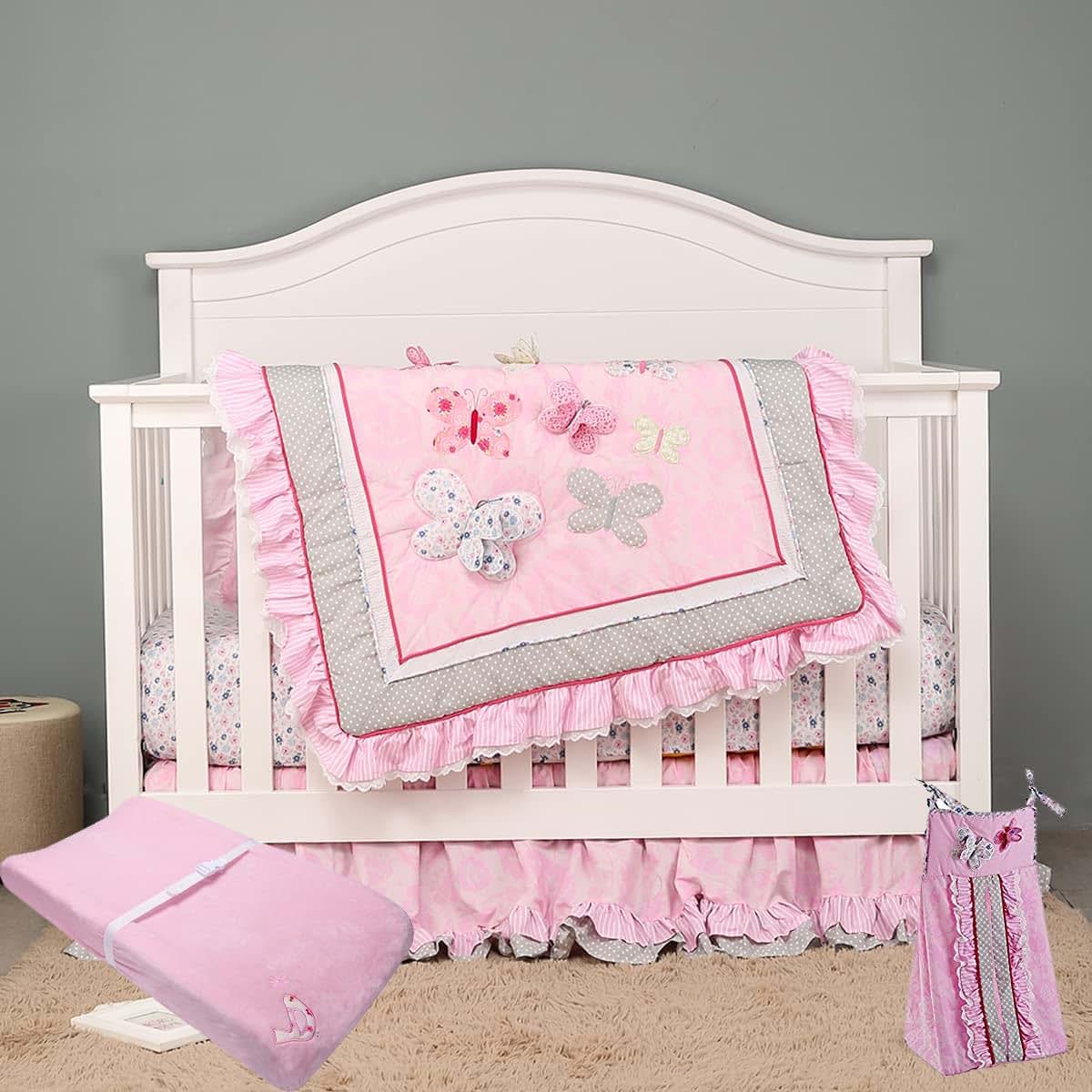 CribMATE 4 PCs Cotton Embroidery 3 D Butterfly Nursery Crib Bedding Set Baby Girl Pink Flower Butterfly Cot Bedding Set