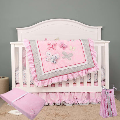 CribMATE 4 PCs Cotton Embroidery 3 D Butterfly Nursery Crib Bedding Set Baby Girl Pink Flower Butterfly Cot Bedding Set