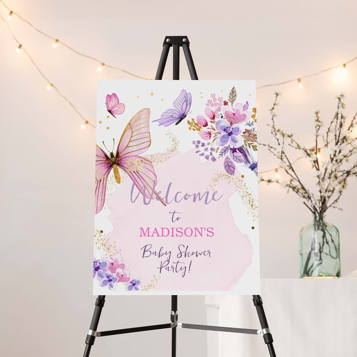 Kaysen Personalized Floral and Pink Butterfly Welcome Sign for Baby Shower Decorations