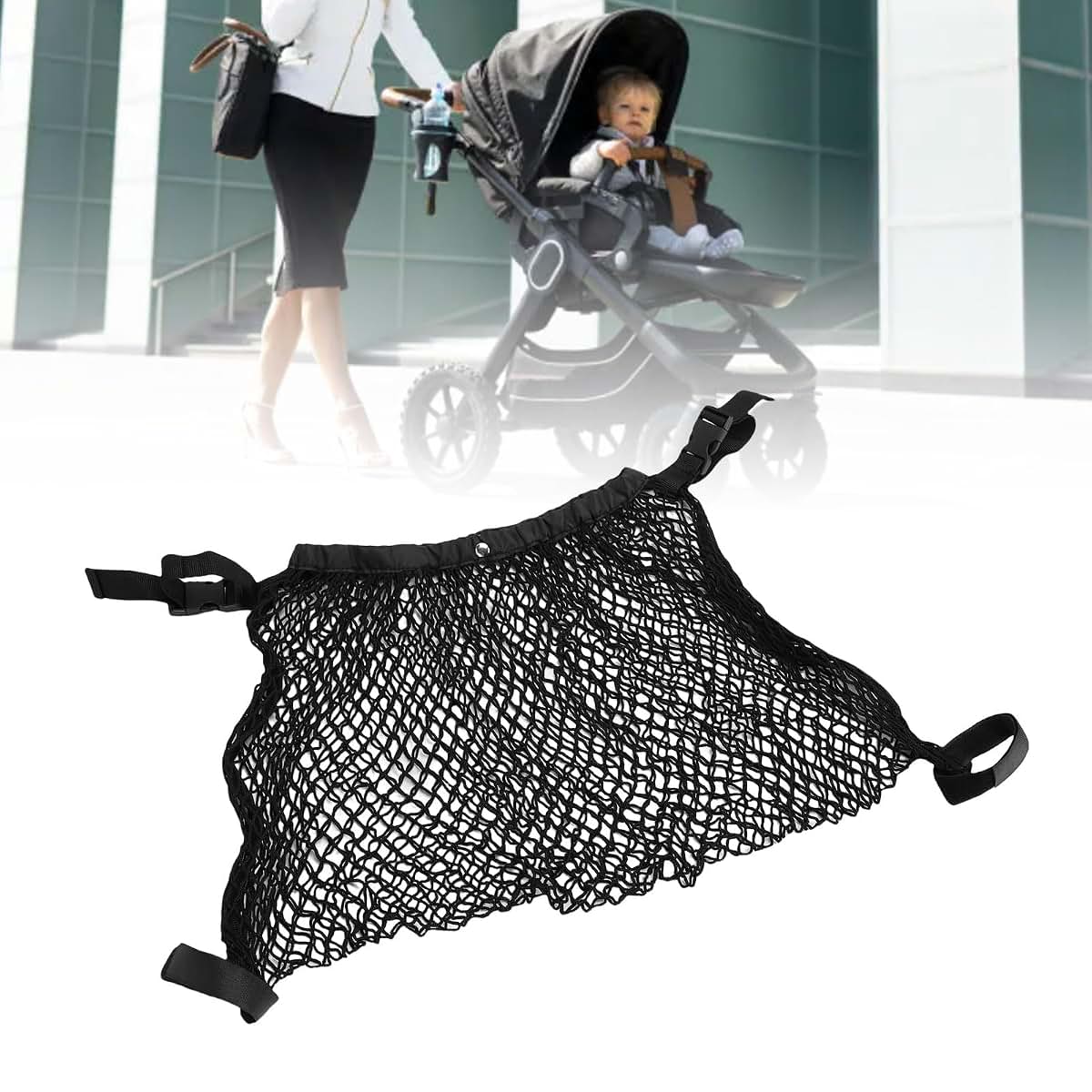 Oreilet Stroller , Adjustable Stroller Storage Bag, Polyester Net Mesh Hanging Bag, Extra Large Storage Space, Caddy (photo 4)