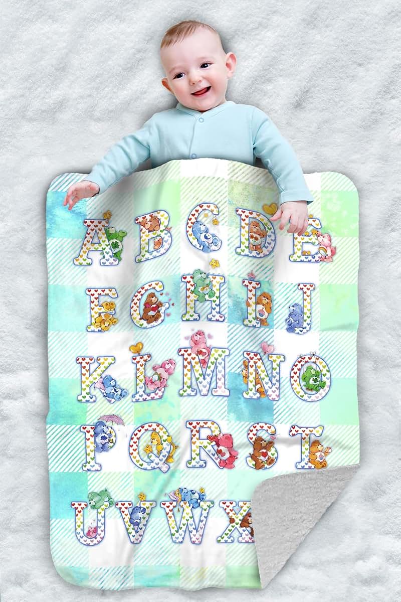 LOGOVISION Care Bears Checkered Alphabet Sherpa Baby Blanket, 30x40