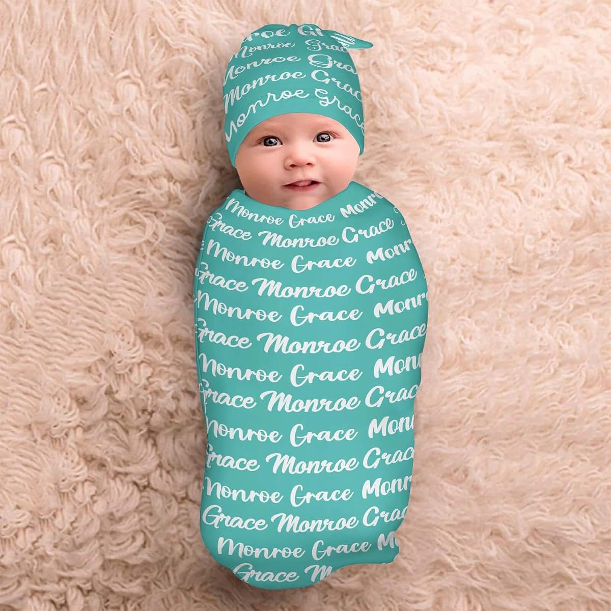 LiSoAkWE Teal Personalized Newborn Swaddle Blanket Hat Set,Soft and Stretchy Baby Blanket Swaddle Sack Gift for Boy (photo 3)