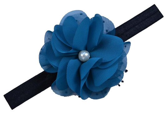 Funny Girl Designs Pearl Chiffon Flower Elastic Baby & Toddler Headband (12 Months- 5 Years, Dark Turquoise/Black Band)