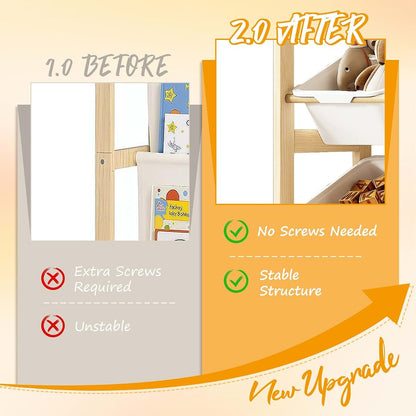 EXPERLAM Toy Storage Organizer with Bookshelf and 12 White Bins, Pine Wood
