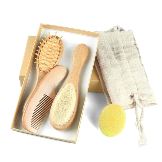 Jade Kit Baby Hair Brush and Comb Set, 4-Piece Wooden Grooming Kit