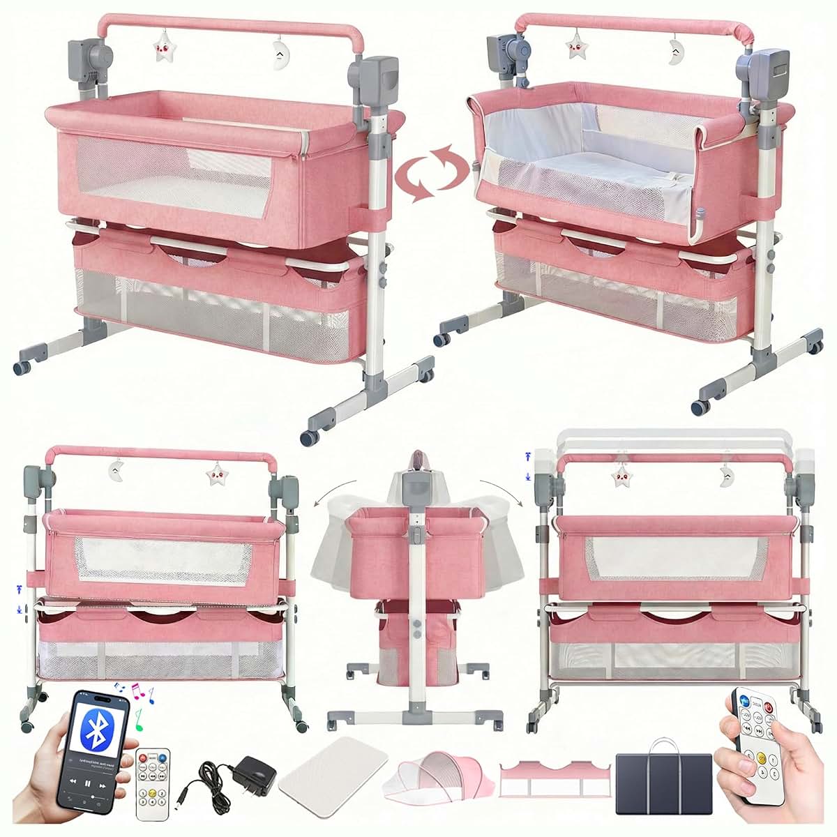 Reenborn Electric Bluetooth Smart Bassinet, Convertible Co-Sleeper Cot