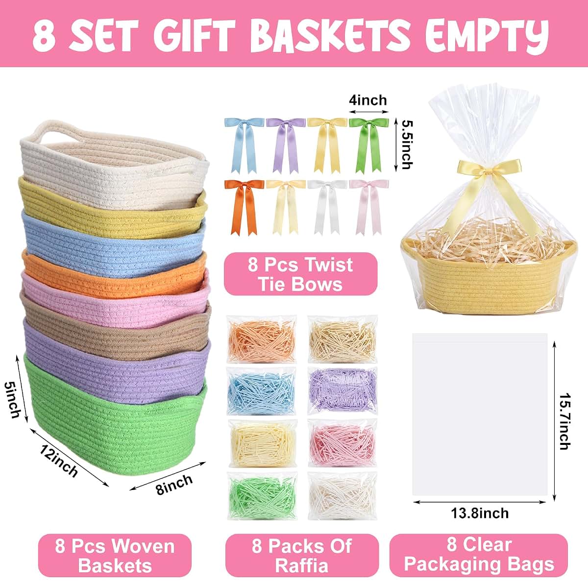 Hoolerry 8 Set Small Woven Gift Basket With Bag Bow Raffia Pastel Cotton Rope Storage Box With Handle, 12 X 8 X 5 Inches