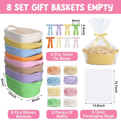 Hoolerry 8 Set Small Woven Gift Basket With Bag Bow Raffia Pastel Cotton Rope Storage Box With Handle, 12 X 8 X 5 Inches