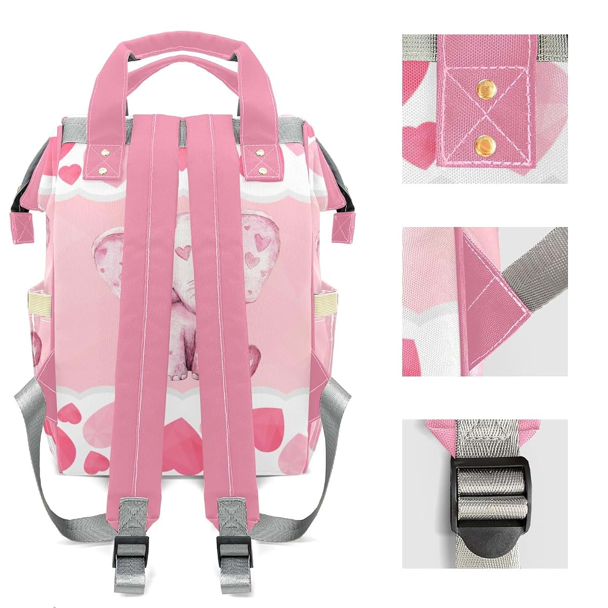 YallLocoMo Personalized Diaper Bag Backpack Name Watercolor Pink Elephant Heart Functional Waterproof Bag: Gift for (photo 4)