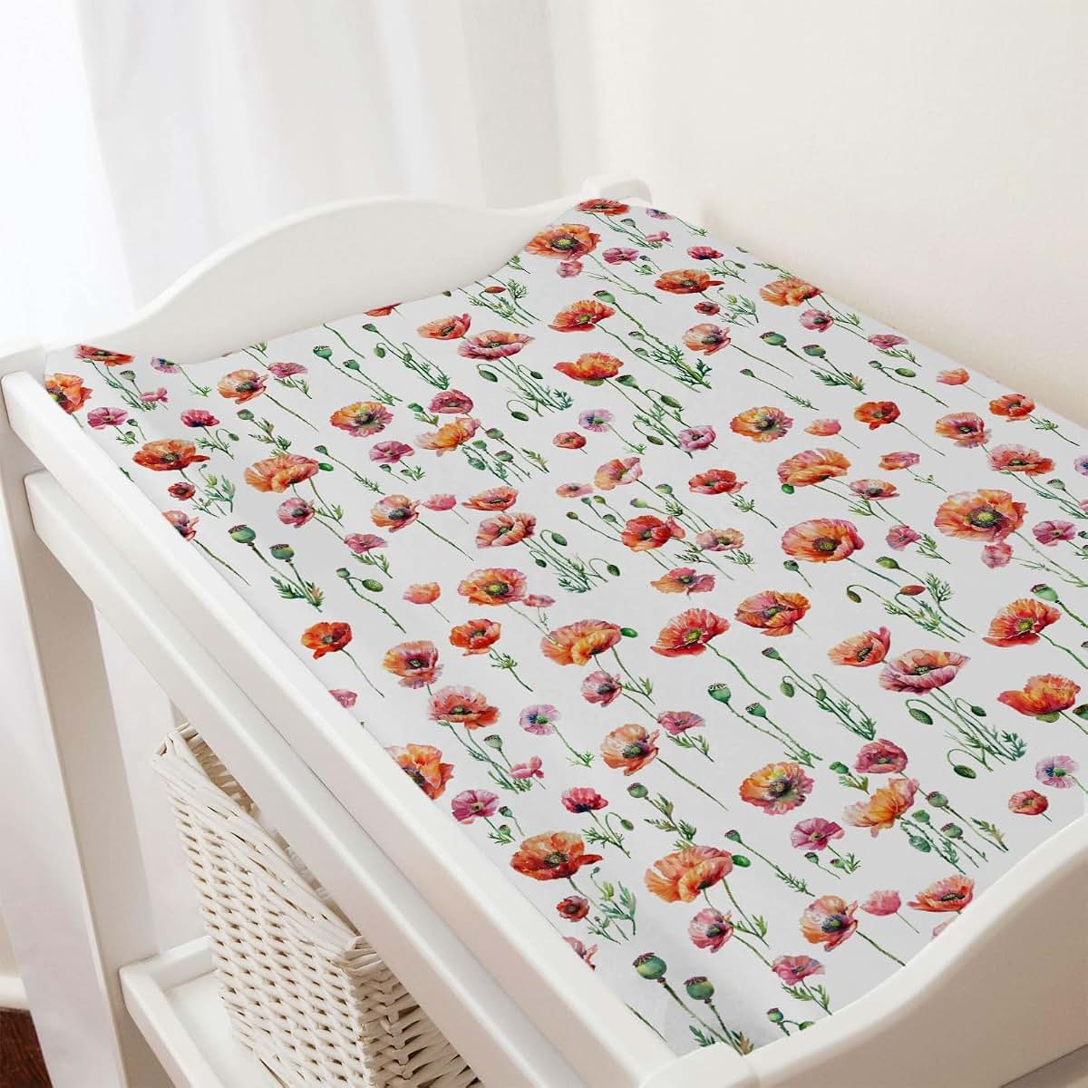 Hwmmbh Watercolor Poppy Floral Changing Pad Cover