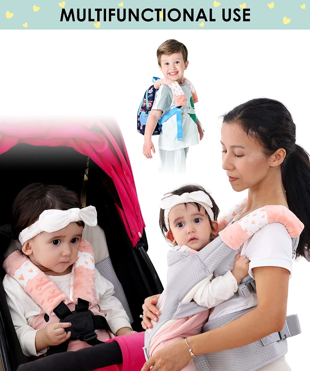 1 one enjoy 4 Pack Car Seat Belt Straps Cover for Baby Kids,Pink Baby Carrier Straps Covers Stroller Strap Pads Baby (photo 3)