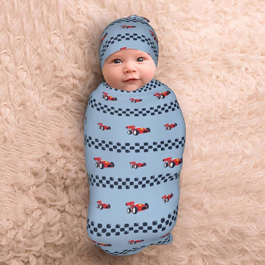 Rongyuan Race Car Newborn Swaddle Blanket with Beaniehats Set Soft and Breathable Nursery Shower Gift Set for Unisex