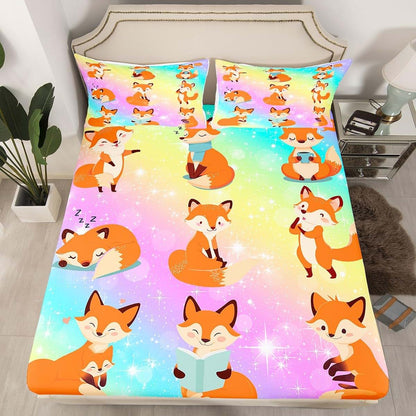 Erosebridal Kids Fox Bed Sheets Cartoon Animal Print 4-Piece King Size Sheet Set