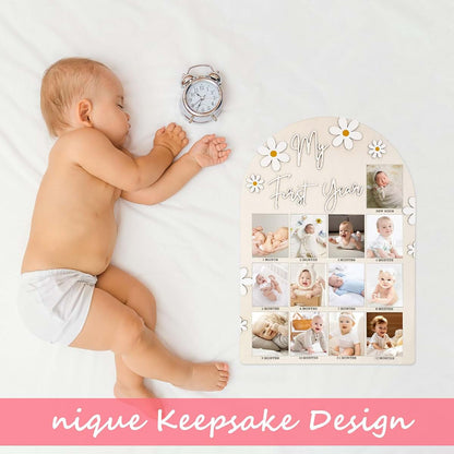 Jeqqinuz My First Year Photo Frame, My First Year Photo Board Wooden for 12 Month Picture, Baby Display Sign for