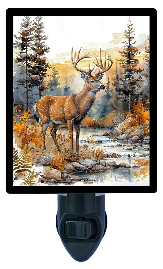 Night Light Designs Creek Side Buck Night Light – Wildlife Deer Design, Fully Enclosed, Rotating Plug, Glass Front, 4