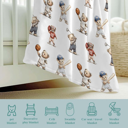 Wicbfdfv Cute Sport Bears Golf Baseball Basketball Baby Boy Girl Blankets Sports Lover Gift White Flannel Fluffy