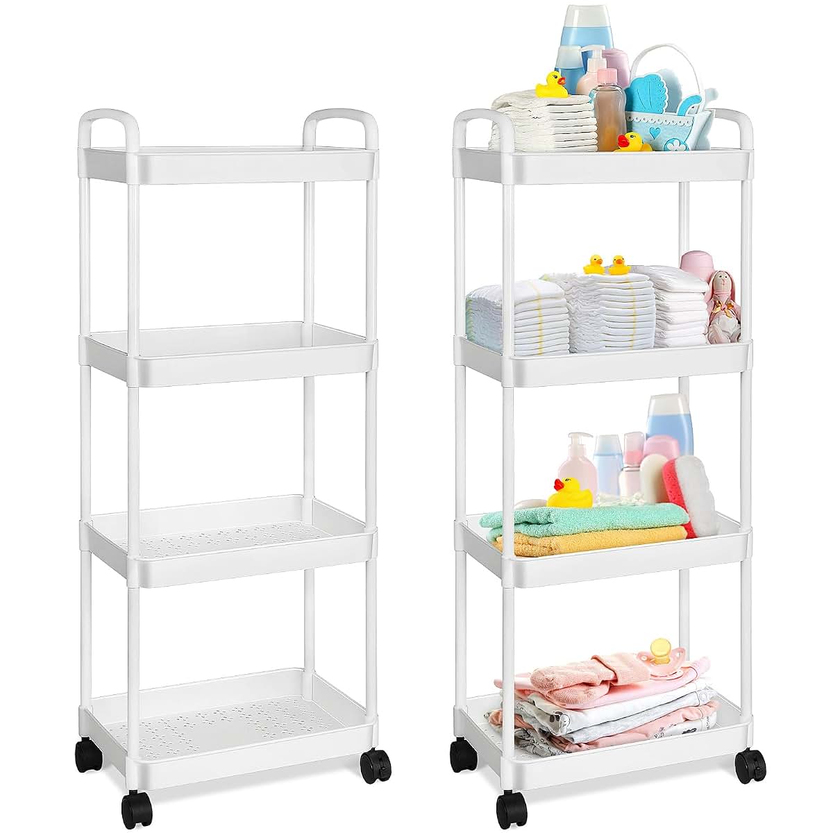 Barydat Baby Diaper Caddy Cart, 4-Tier Rolling Organizer for Nursery, White