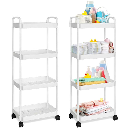Barydat Baby Diaper Caddy Cart, 4-Tier Rolling Organizer for Nursery, White