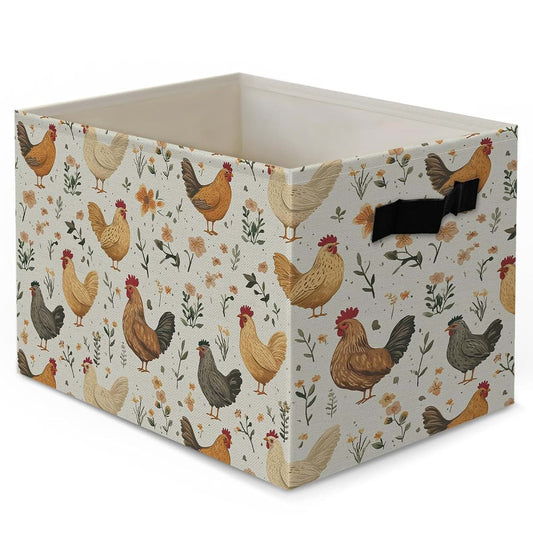 Yjeslw Vintage Floral Chicken Collapsible Storage Bin with Handles