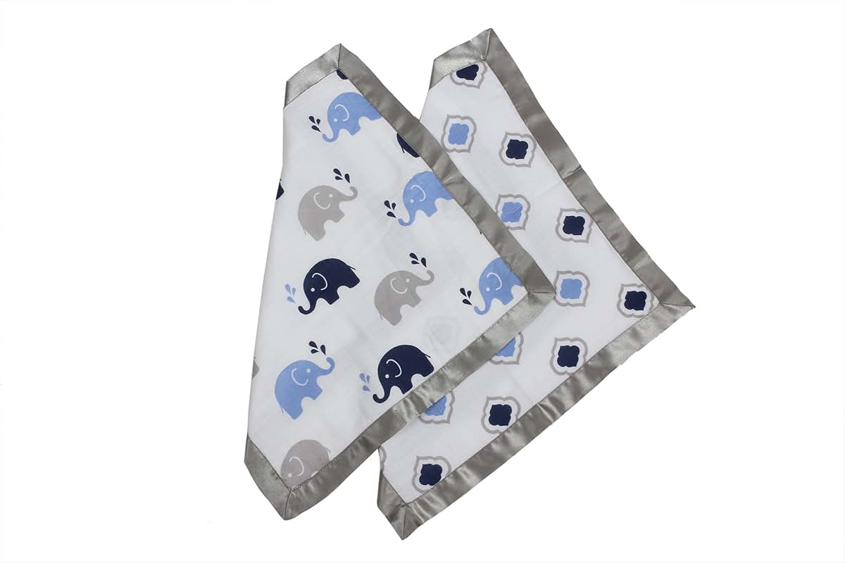 Bacati Elephants Muslin 2 Piece Security Blankets, Blue/Grey