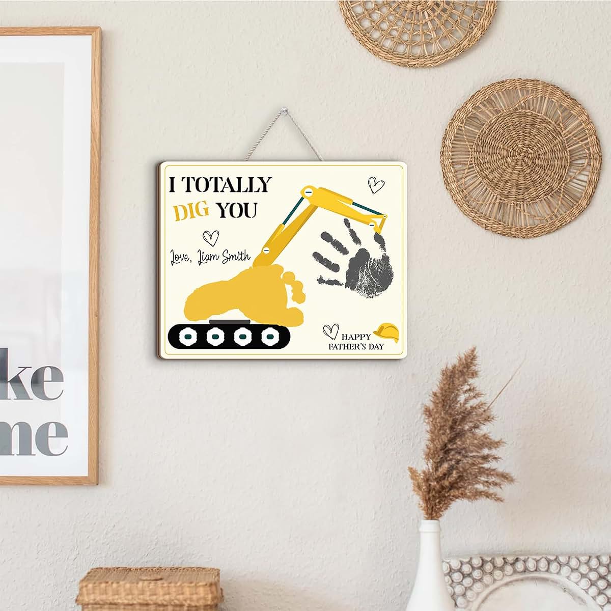 BEETHIS Custom DIY Baby Footprint Excavator Craft for Kids Plaque Gift for Construction Dad, Baby's First Father Day