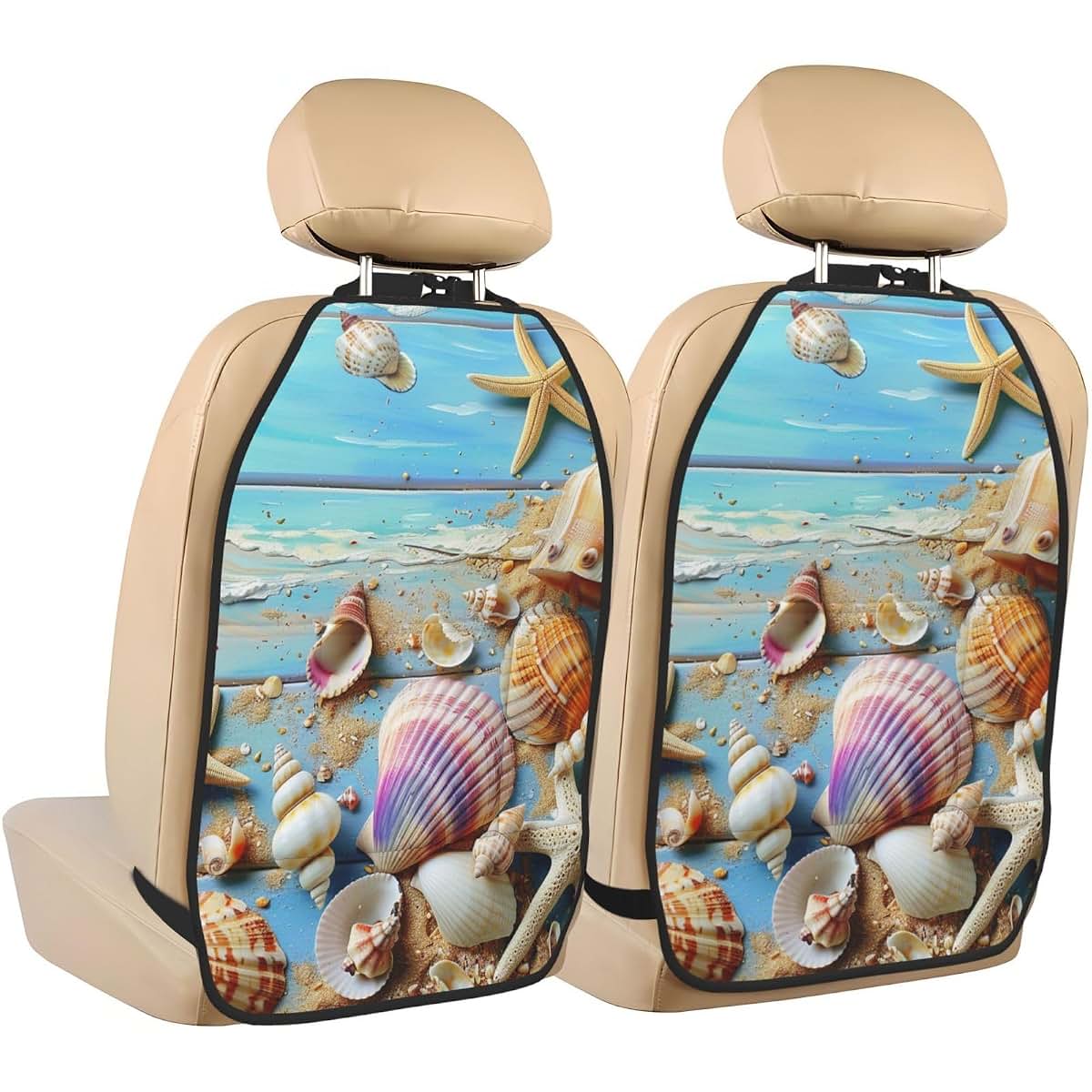 JTNWEC Beach Theme Seashells Print Car Seat Kick Mats With Organisers 2 Pack