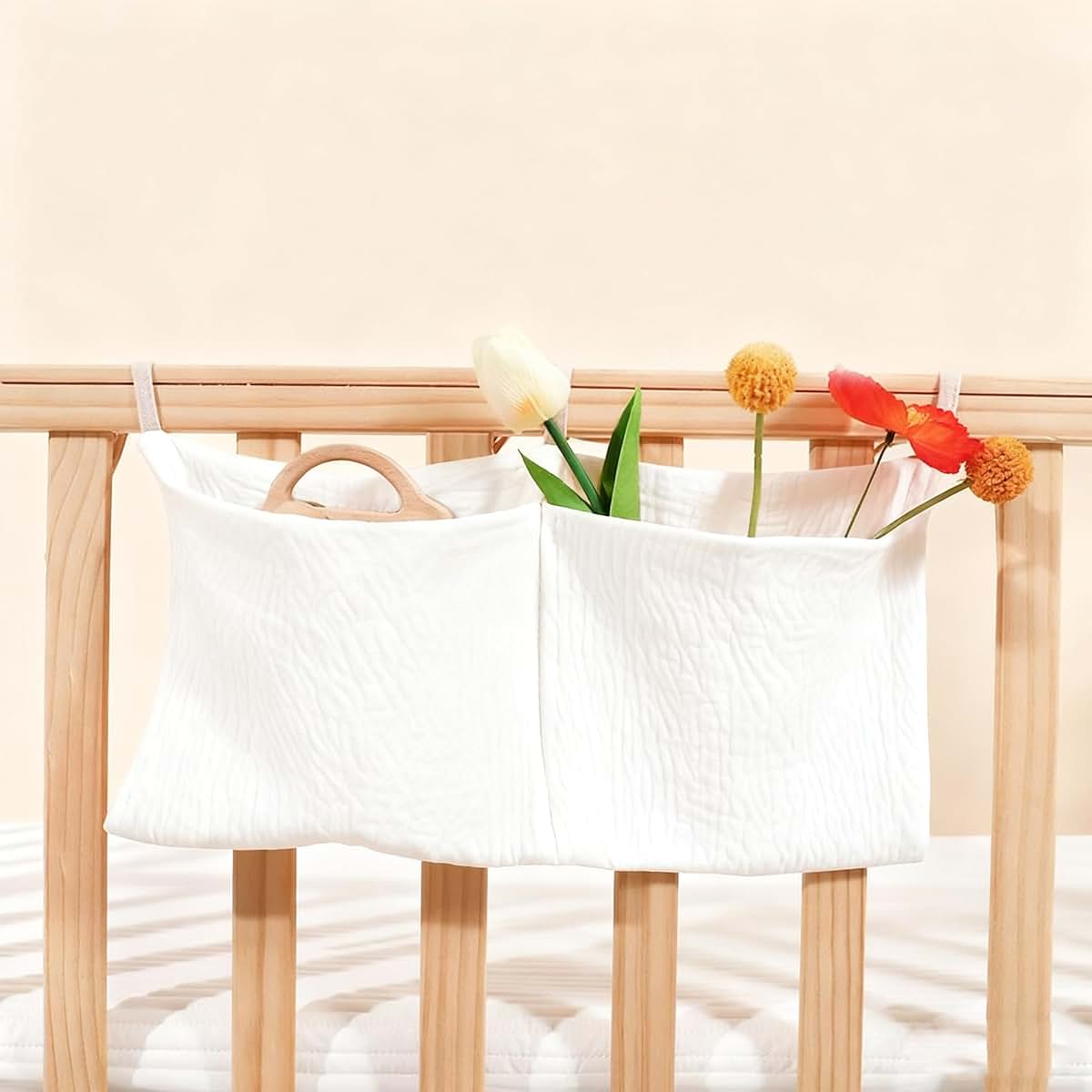 DEZIGKA Baby Bedside Hanging Storage Bag Muslin Cotton, Crib Diaper Caddy Organizer 2 Pockets, Nappy-Dormitory Nursery (photo 3)
