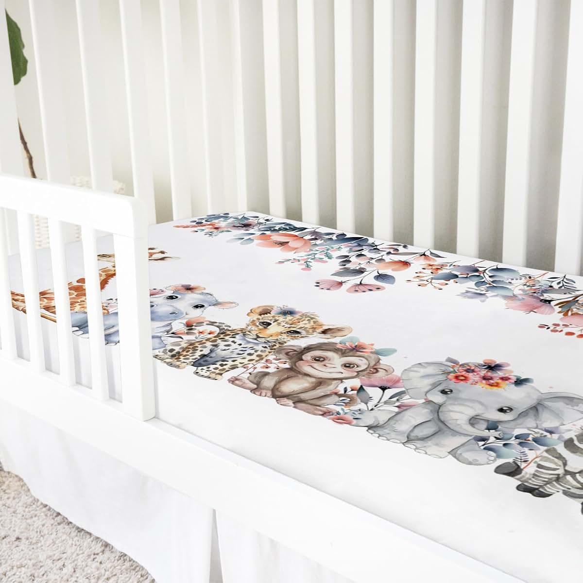 Jungle Safari Animals Boho Floral Baby Crib Sheet 52x28 Inch
