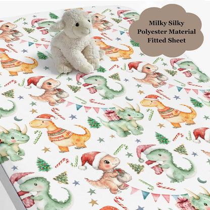 Wicbfdfv Cute Christmas Dinosaurs Pine Trees Red Green Baby Crib Sheet for Boys & Girls 52x28Inch Dino Candy Gift Moon (photo 3)