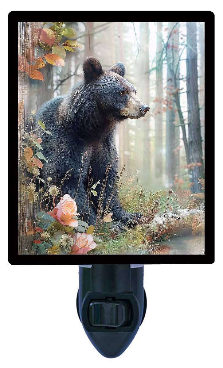 Night Light Designs Black Bear at Rest Night Light – Wildlife Design, Fully Enclosed, Rotating Plug, Glass Front, 4