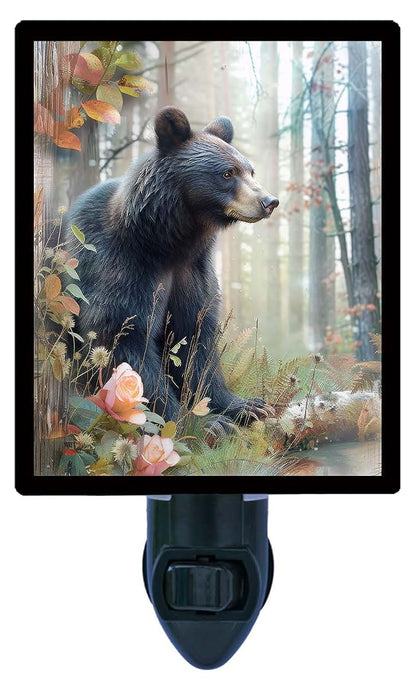 Night Light Designs Black Bear at Rest Night Light – Wildlife Design, Fully Enclosed, Rotating Plug, Glass Front, 4