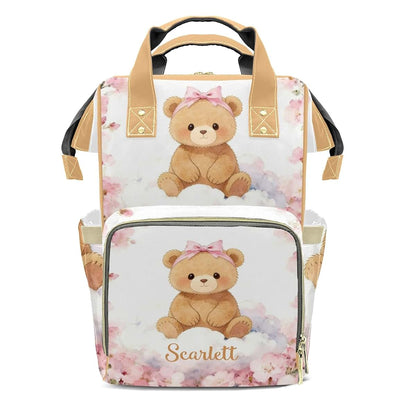 Joyestore Personalized Cute Teddy Bear Pink Custom Mom Bag with Name,Dad and Mom Diaper Backpack Waterproof Baby Shower