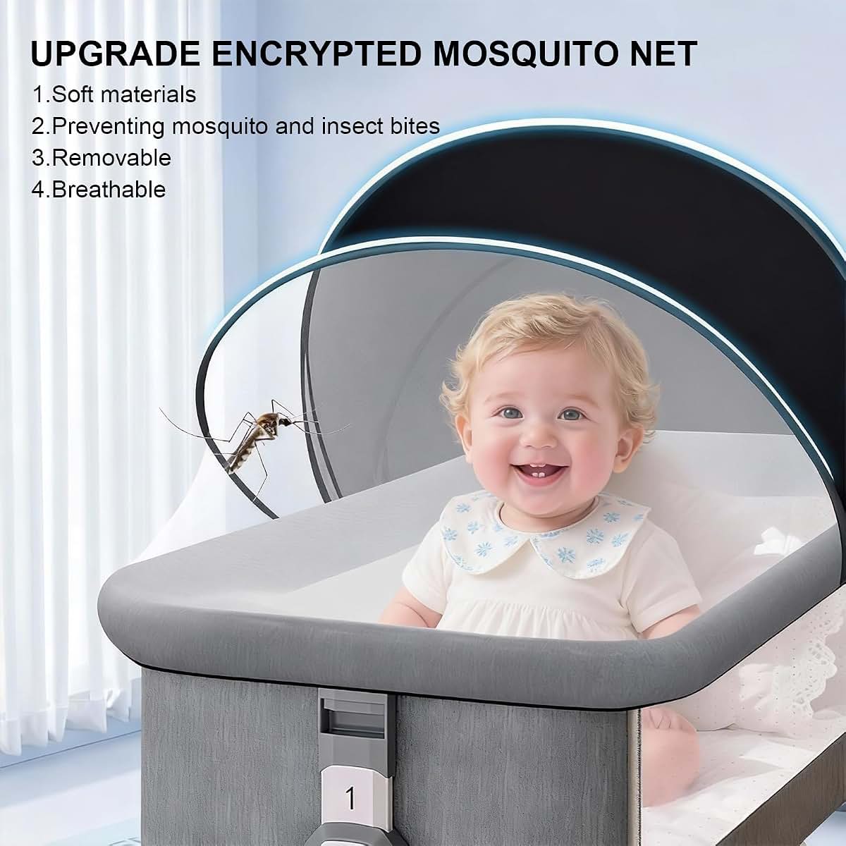 BabyOneStop Bassinet Net Cover with Two-Way Zipper and Light-Blocking Side, Breathable Mesh, Ink-Shadow White