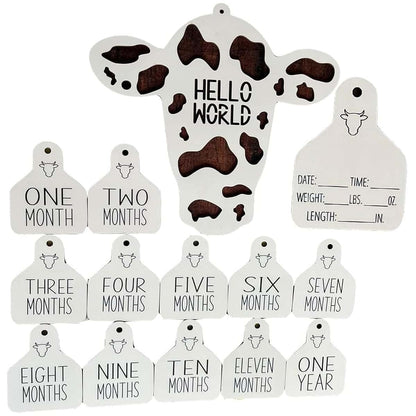 LSFWJP Cow Themed Wooden Baby Milestone Cards - Brown