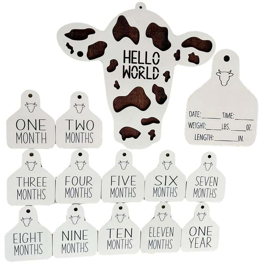 LSFWJP Cow Themed Wooden Baby Milestone Cards - Brown