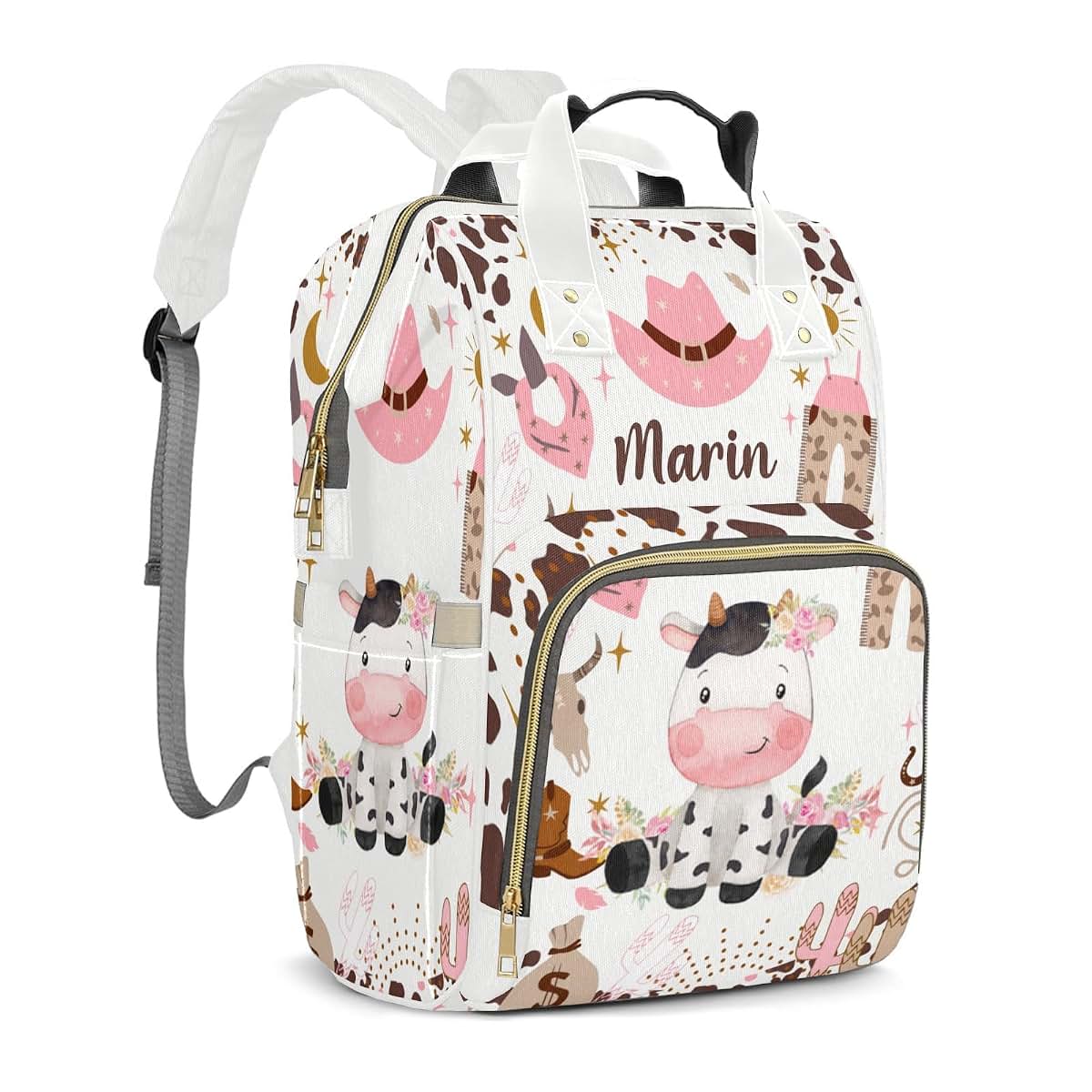 LiSoAkWE Cowgirl Western Cute Cow Personalized Diaper Bag with Name,Customized Nappy Backpack with Thermal Pockets (photo 2)