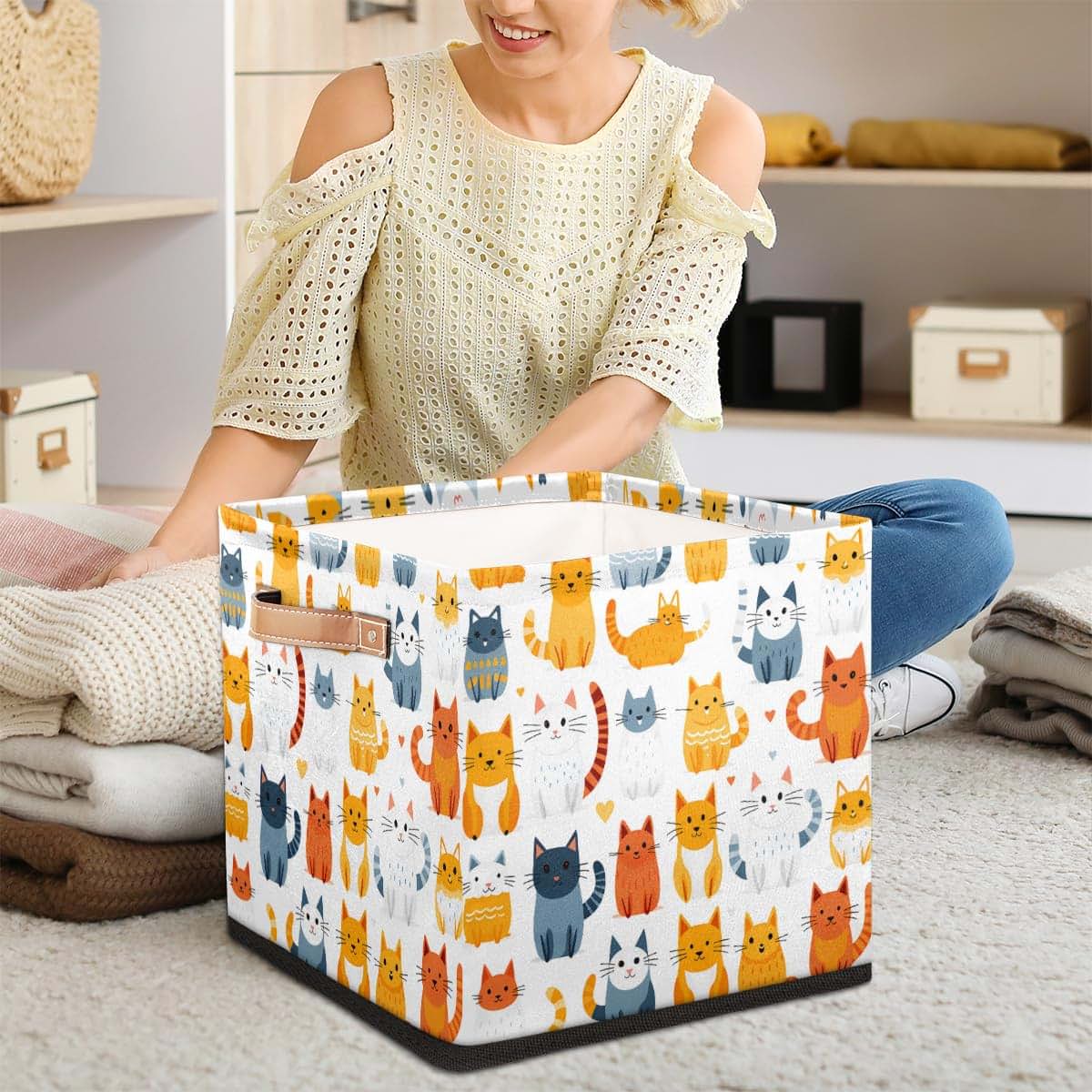 13x13 Inch Polyester Storage Basket Bin With Cats Pattern
