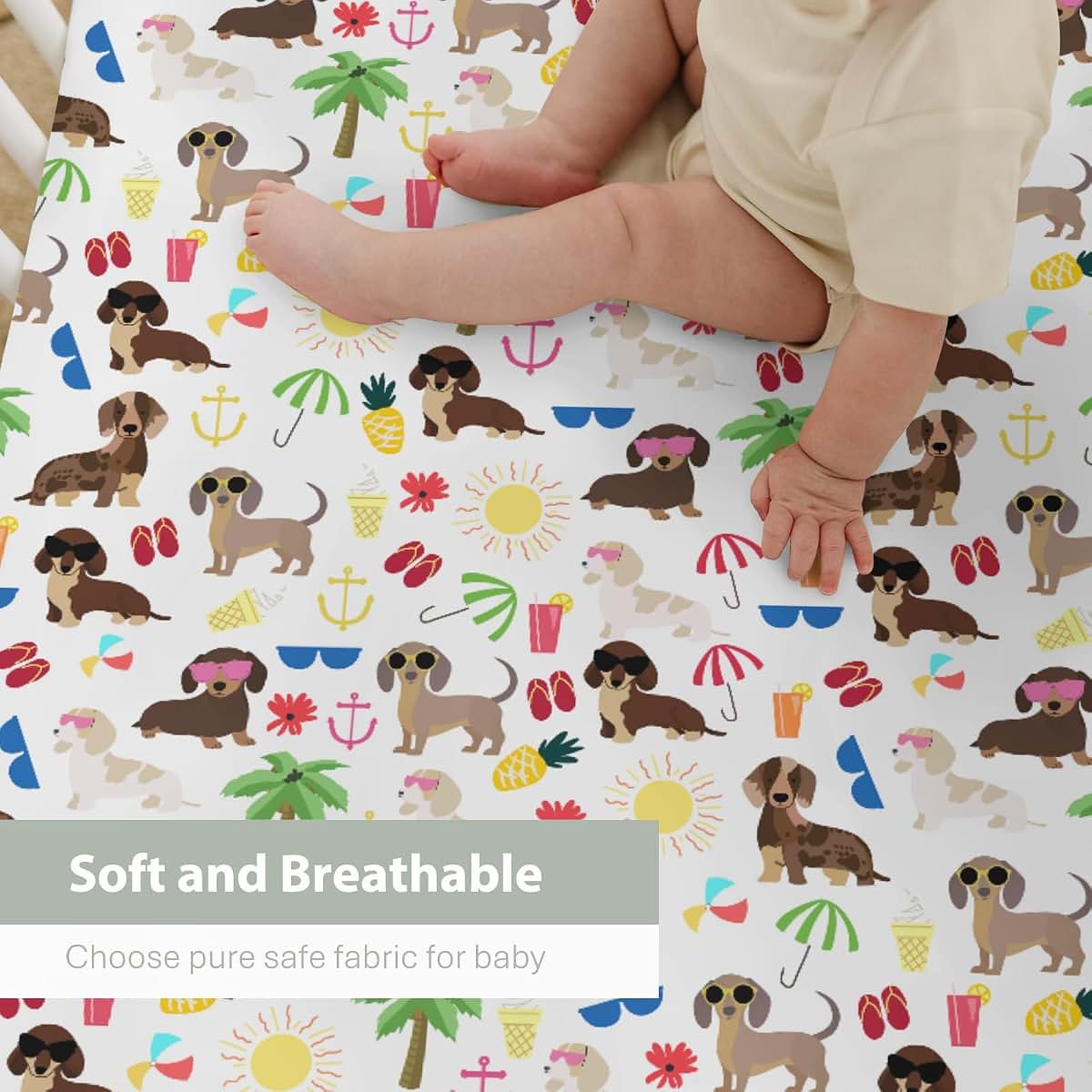 Dachshund Summer Beach Fitted Crib Sheets for Standard & Toddler Mattresses