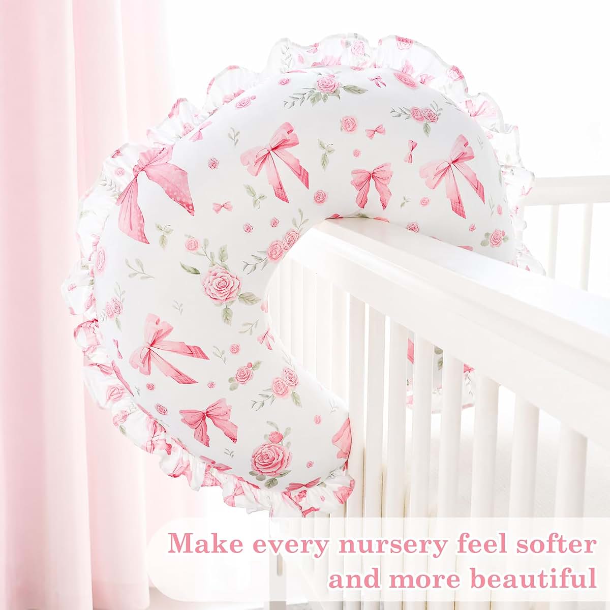 Jundetye Nursing Pillow Cover for Baby Girl, Soft Stretch Breastfeeding Pillow Cover Pink Floral, Elegant Ruffled Trim (photo 2)
