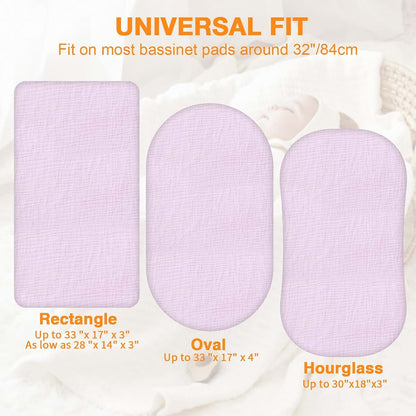 Synrroe 2 Pack Muslin Bassinet Fitted Sheets, 100% Cotton, 33x17 Inch, Pink & Purple