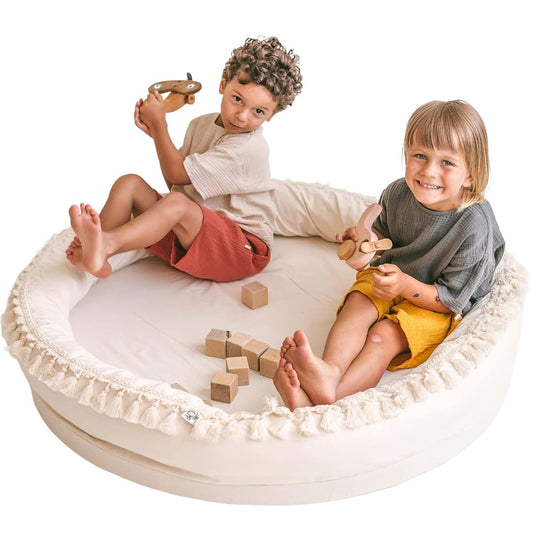 MINICAMP Round Floor Cushion for Kids Room, Large Padded Floor Pillow & Play Mat, 100% Cotton Boho Kids Decor Rug with