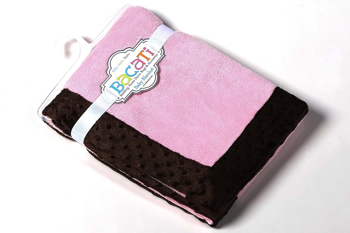 Bacati - Solid Center with Frame Style Border Plush Blanket (Solid Baby Pink/Chocolate Border) (photo 4)