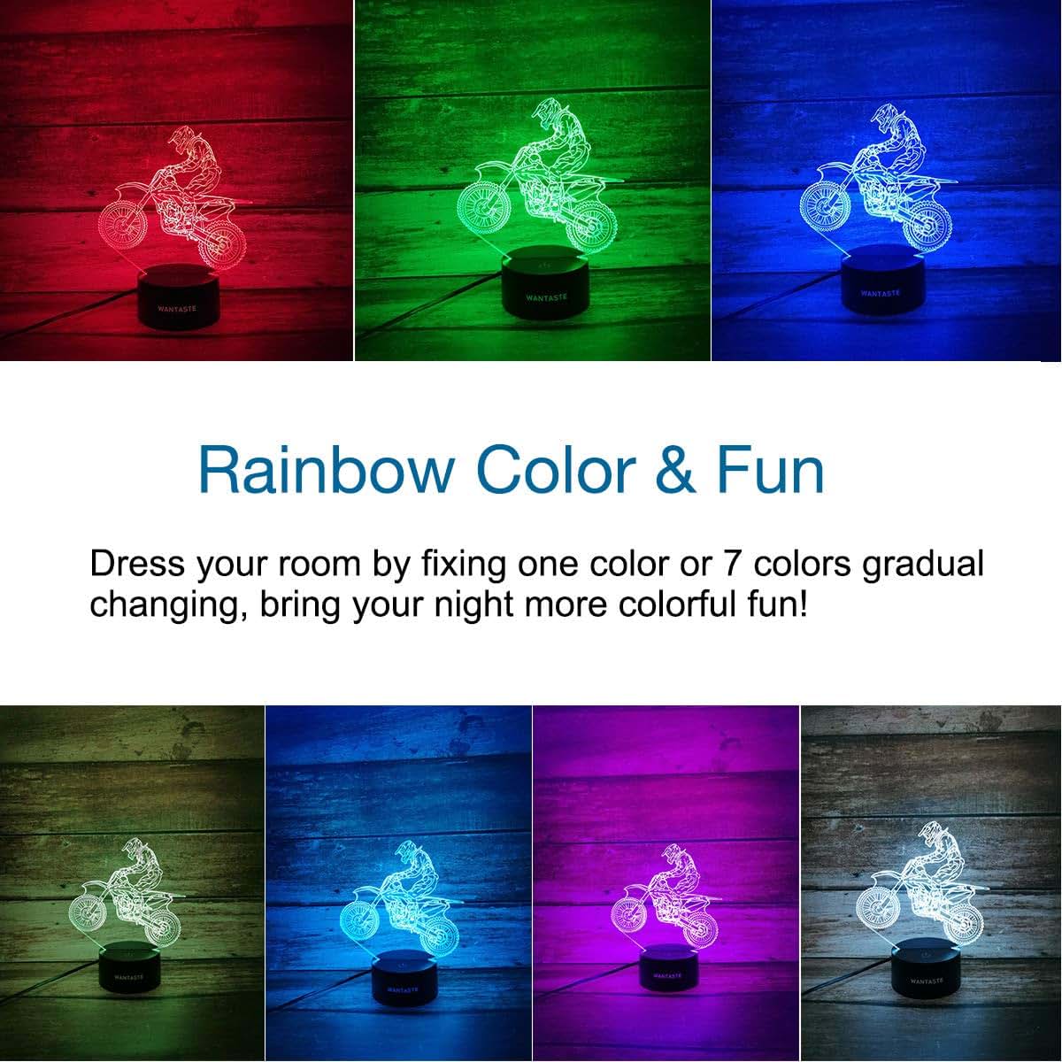 WANTASTE Motocross 3D Lamp with Remote, 7 Color Changing Nightlight for Kids Room