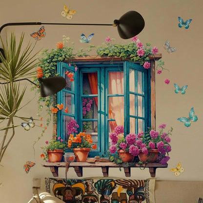 Creative Fake Window Door Flower Butterfly Wall Stickers for Room Decor
