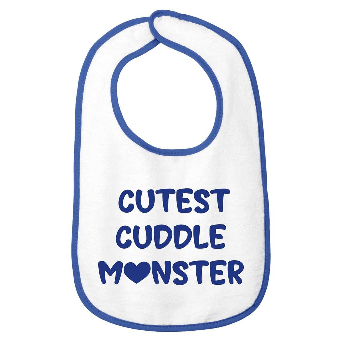 Smiling Jindo Personalized Baby Bib – White Bib (Royal Blue Trim) – Custom Text (1 to 3 Lines) – Soft Cotton Terry
