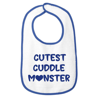 Smiling Jindo Personalized Baby Bib – White Bib (Royal Blue Trim) – Custom Text (1 to 3 Lines) – Soft Cotton Terry