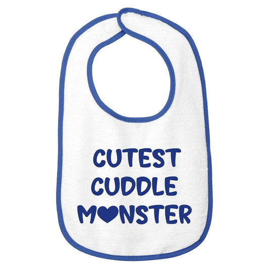 Smiling Jindo Personalized Baby Bib – White Bib (Royal Blue Trim) – Custom Text (1 to 3 Lines) – Soft Cotton Terry