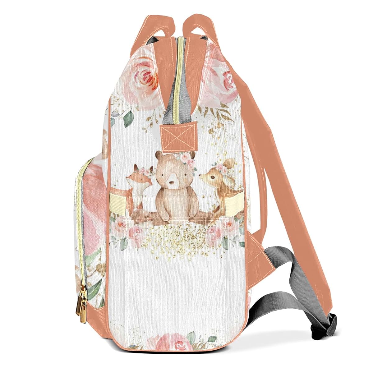 Joyestore Personalized Woodland Animals Pastel Blush Floral Custom Mom Bag with Name,Dad and Mom Diaper Backpack (photo 3)
